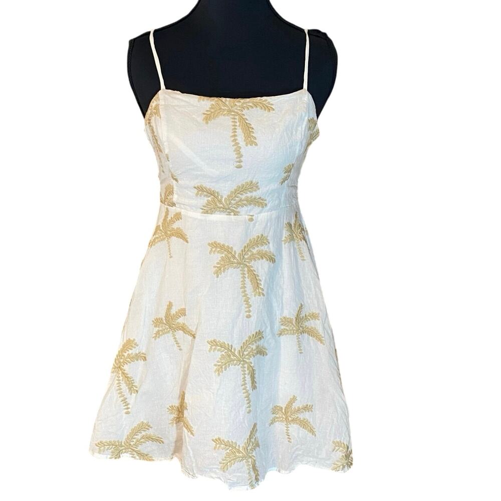 The Refinery Palm Tree Embroidered Cotton short Dress Medium Back Tie Resort